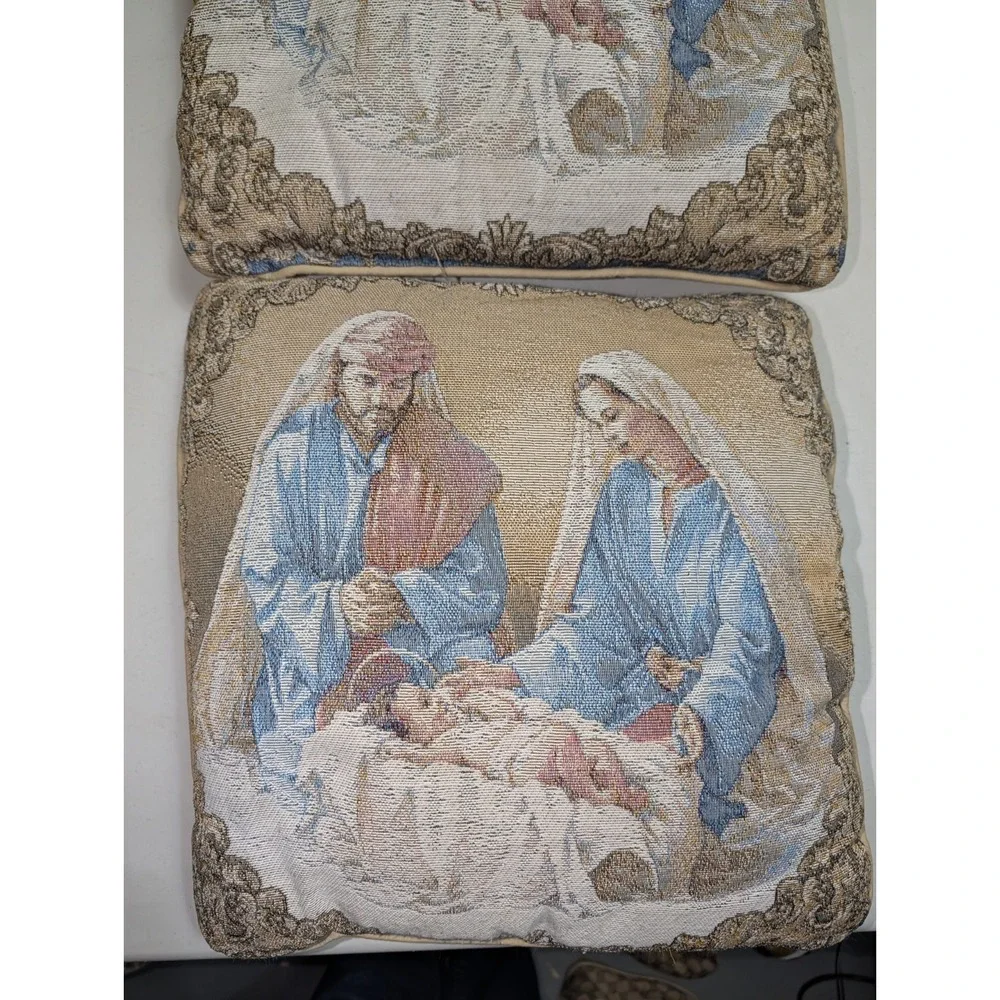 Vintage Needlepoint Religious Tapestry Pillow Mary Joseph Baby Jesus Set Of‎ Two